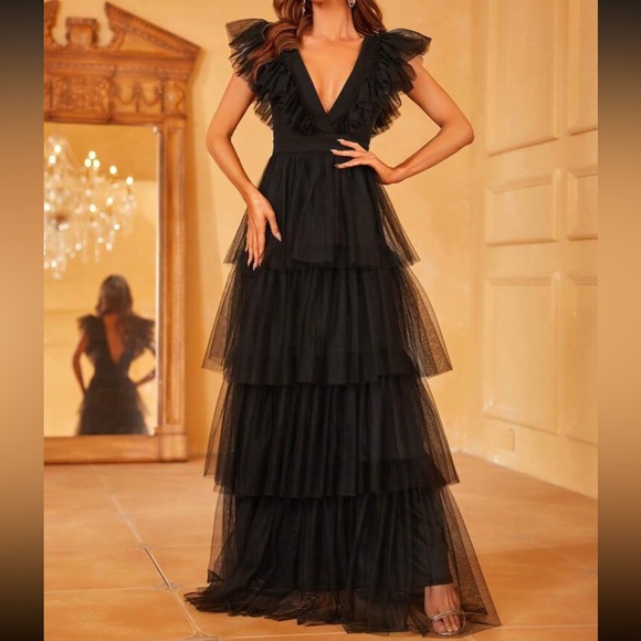 Luxe Sheer Mesh Ruffle Plunge Neck Evening Party Formal Dress Black - Picture 1 of 6